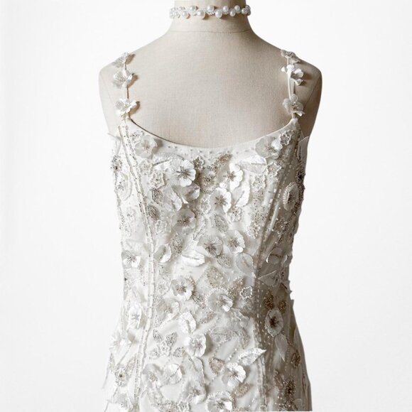 Vintage Off White Floral Applique Beaded Mesh Maxi Bodycon Prom Dress Size M - Picture 6 of 8